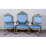 A 19th Century French Gilt Framed Armchair and a Pair of Matching Single Chairs of "Louis XV"