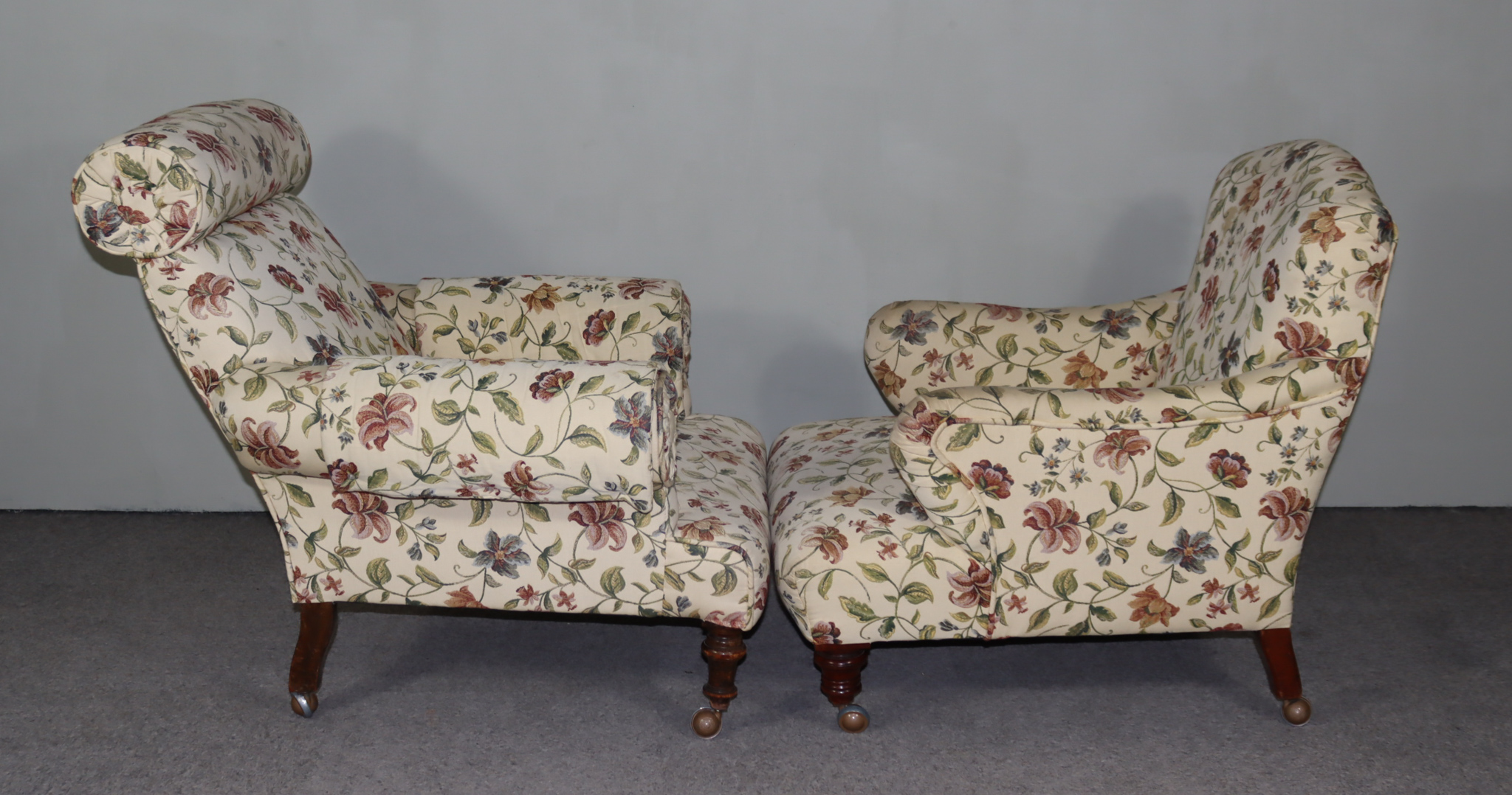 Two Victorian Easy Chairs in the Manner of Howard, upholstered in patterned cloth, on turned legs - Image 2 of 5