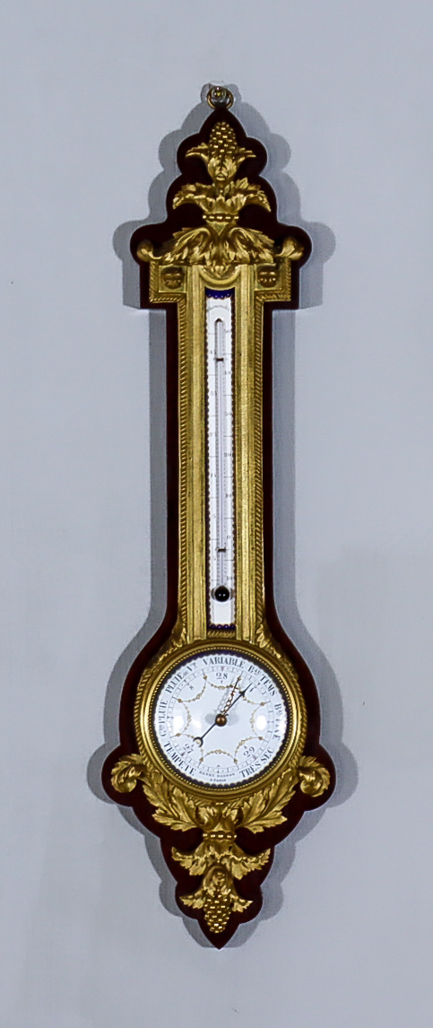 A 19th Century French Ormolu and Mahogany Wheel Aneroid Barometer and Thermometer, by Henry Dasson