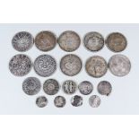 A Victoria 1895 Crown, F, eight Chinese silver coins, Victoria 1840 Rupee, and nine other silver