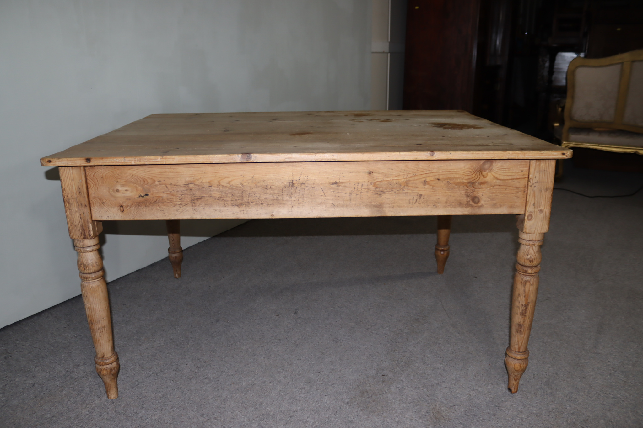 A Victorian Stripped Pine Rectangular Kitchen Table, with four plank top, fitted one front drawer, - Image 3 of 7