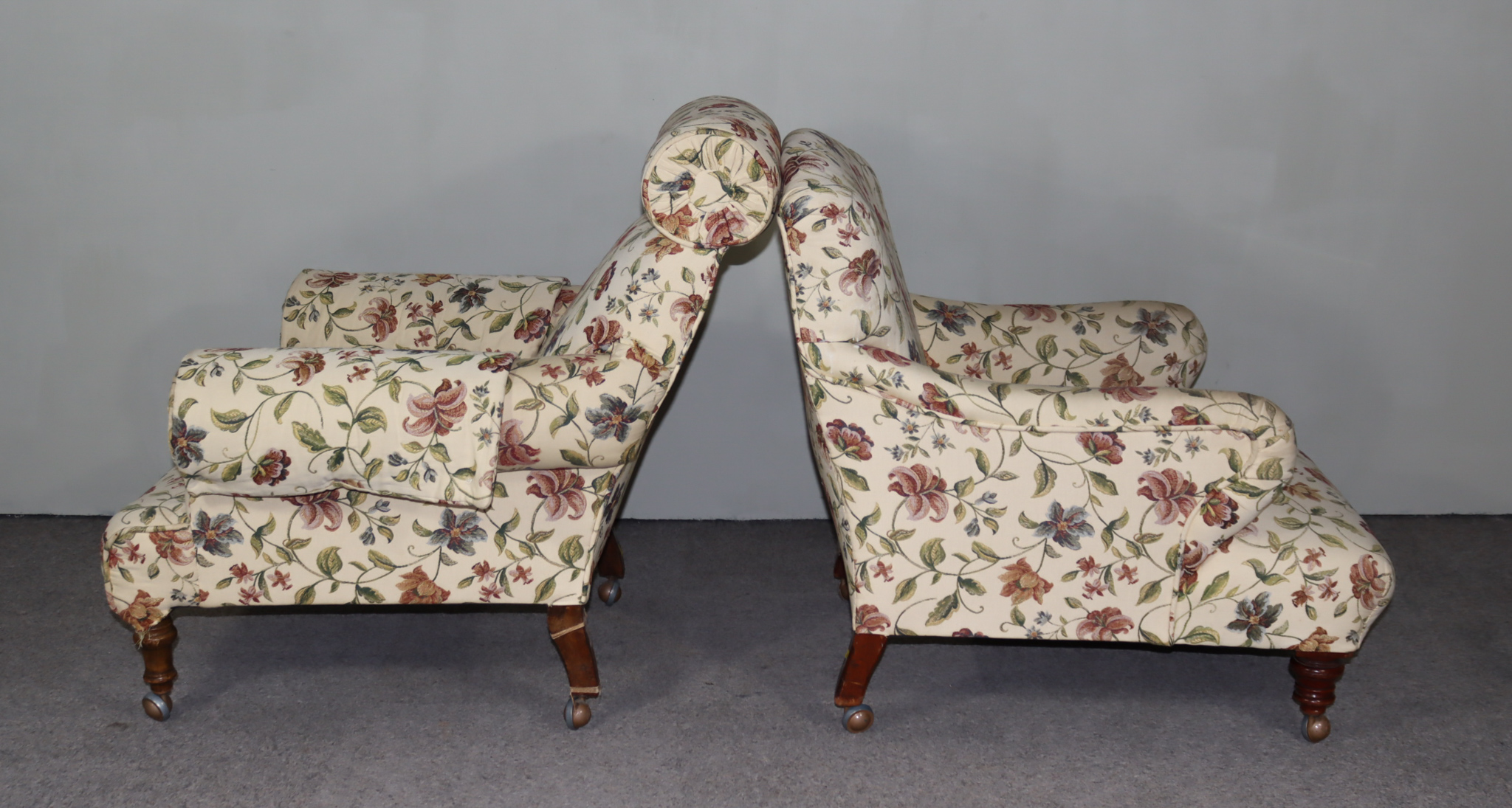 Two Victorian Easy Chairs in the Manner of Howard, upholstered in patterned cloth, on turned legs - Image 4 of 5