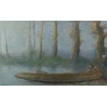 Alphonse Legros (1837-1911) - Pastel - "Morning Mists on the River", punt with two figures in a