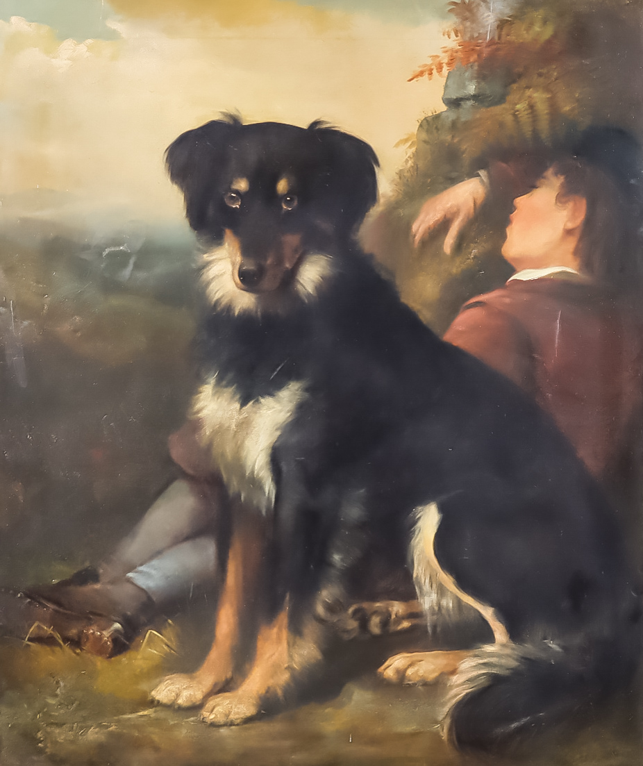 19th Century British School - Oil painting - Portrait of seated dog with sleeping boy, relined