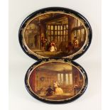 An English Papier-Mache Oval Tray, the centre painted with an interior scene - " Bramhall,