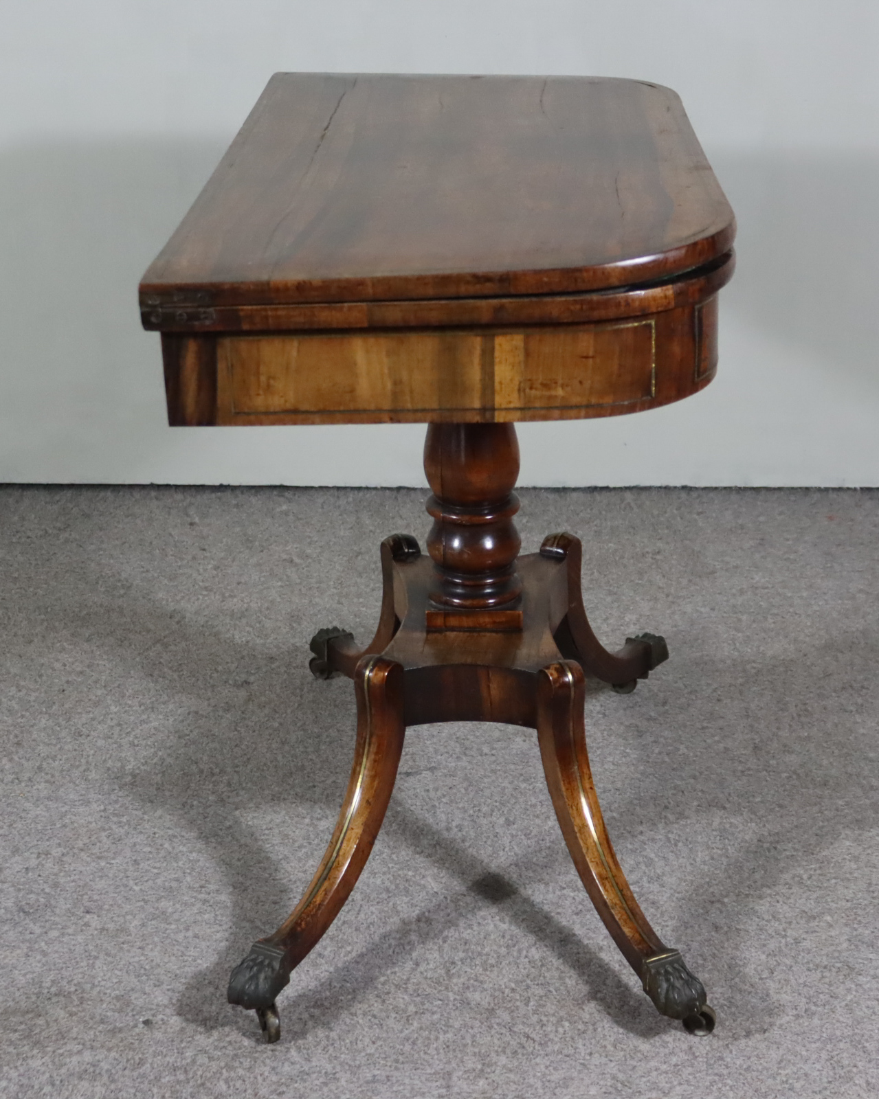 A George IV Rosewood D Shaped Card Table, inlaid with brass stringings, the green baize lined - Image 4 of 6