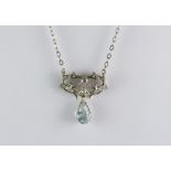 A Diamond and Aquamarine Pendant, Early 20th Century, silver coloured metal set with small old