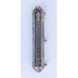 An Islamic Silvery Metal and Gilt Prayer Case, of hexagonal cylindrical form, the exterior panels