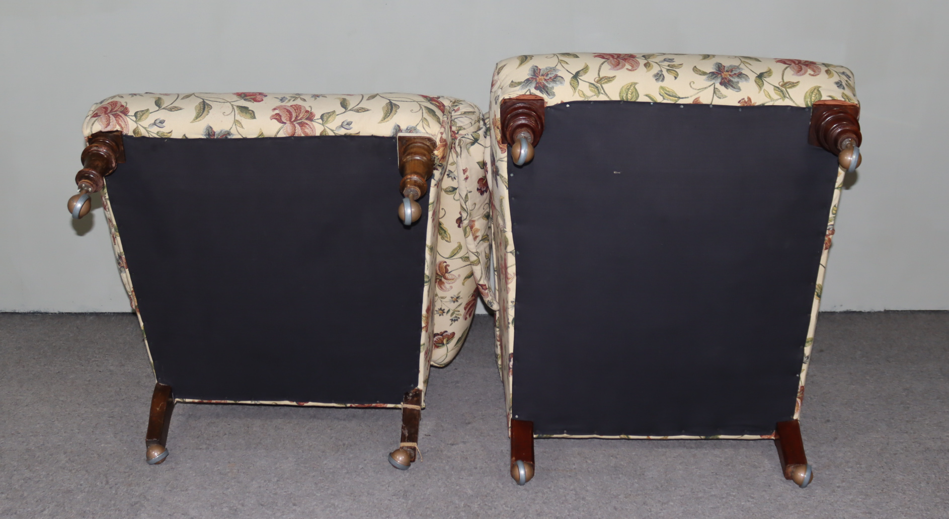 Two Victorian Easy Chairs in the Manner of Howard, upholstered in patterned cloth, on turned legs - Image 5 of 5