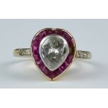 A Diamond and Ruby Heart Shaped Ring, Early 20th Century, yellow metal set with a centre pear shaped