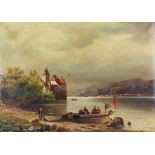 Late 19th Century Continental School - Oil painting - Lake scene with schloss, indistinctly