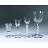 Four Drinking Glasses, 18th Century, including - cordial glass with plain bowl and opaque double