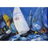 ***Mathilde de Boisboissel (born 1945) - Oil painting - Boat race, signed, canvas 14ins x 18ins,