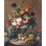 19th Century Continental School - Oil painting - Still life with flowers in an urn, relined