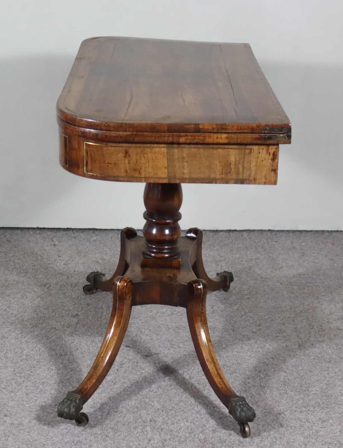 A George IV Rosewood D Shaped Card Table, inlaid with brass stringings, the green baize lined - Image 2 of 6