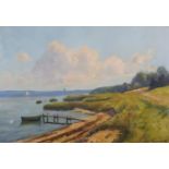 ***Finn Wennerwald (1896-1969) - Oil painting - River scene with jetty and boats, signed, canvas