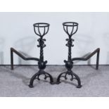 A Pair of Early 20th Century Wrought Iron Andirons, of 16th Century form, 9ins wide x 21ins deep x