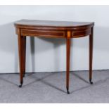 A George III Mahogany D Shaped Card Table, inlaid with satin wood bandings and stringings, with