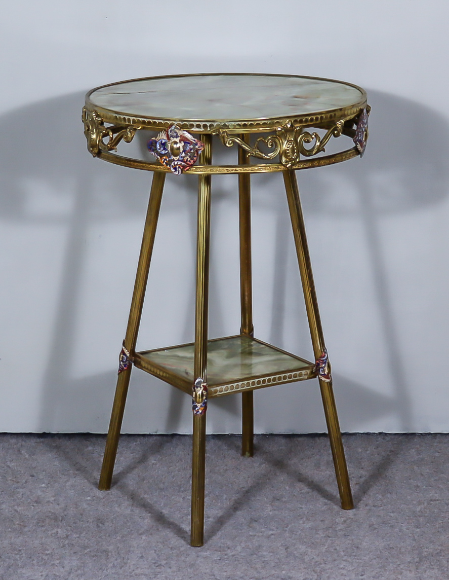 A 20th Century Brass, Enamel and Green Onyx Circular Two-Tier Occasional Table, the pierced frieze