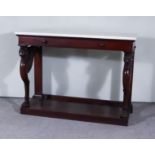 A George IV Mahogany Console Table With White Marble Top, fitted one frieze drawer, stamped T.