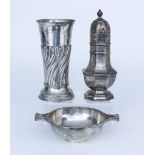 A Victorian Silver Vase, a George V Silver Sugar Caster and a Two-Handled Porringer, the vase