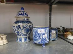 A KENT LTD. OLD FOLEY WARE TRANSFER PRINTED BLUE AND WHITE POTTERY PLANT HOLDERS, A JAPANESE
