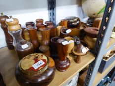 A QUANTITY OF TURNED WOOD ITEMS: GOBLETS; JARS AND COVERS; SMALL CIRCULAR BOWLS; POT POURRI BOWLS; A