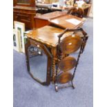 AN OAK OCCASIONAL TABLE WITH BARLEY TWIST LEGS, A SIMILAR FOLDING CAKE STAND AND AN OBLONG OAK