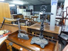 VICTORIAN BLACK CAST IRON UMBRELLA STAND  AND A HEAVY FLAT IRON (2)