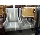 A PAIR OF STYLISH HIGH BACK MODERN ARMCHAIRS, COVERED IN GREY STRIPED FABRIC