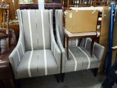 A PAIR OF STYLISH HIGH BACK MODERN ARMCHAIRS, COVERED IN GREY STRIPED FABRIC