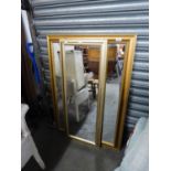 A LARGE OBLONG GILT FRAMED WALL MIRROR, 3?4? WIDE AND A ROBING MIRROR