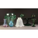 STYLISH GREEN TINTED GLASS VASE, of ovoid form with moulded girdle, 8? (20.3cm) high, together