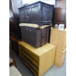 A STAINED WOOD BLANKET CHEST AND AN OAK STORAGE BOX AND A FOUR TIER UNIT (FOLIO SIZE) (3)