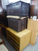 A STAINED WOOD BLANKET CHEST AND AN OAK STORAGE BOX AND A FOUR TIER UNIT (FOLIO SIZE) (3)