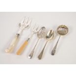ELECTROPLATED BREAD KNIFE WITH MOTHER OF PEARL HANDLE, together with FOUR PIECES OF SERVING CUTLERY,