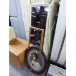 EARLY 20TH CENTURY TINTED PORTRAIT PHOTOGRAPH, IN OVAL WALNUT FRAME AND TWO ROBING MIRRORS (3)