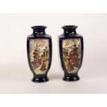 PAIR OF EARLY 20th CENTURY JAPANESE EARTHENWARE SQUARE SECTION VASES, each painted with opposing