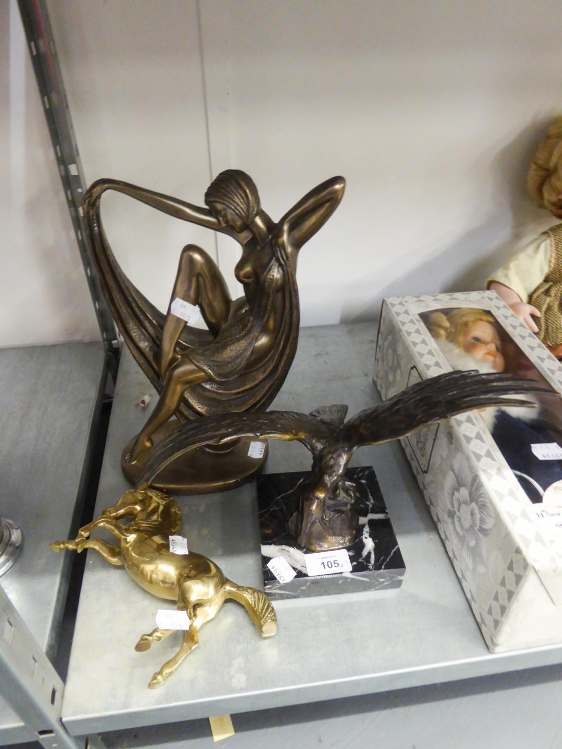 BRONZED METAL EAGLE ON MARBLE PLINTH, BRASS HORSE AND A COMPOSITION ART DECO FIGURE OF A FEMALE (3)