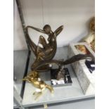 BRONZED METAL EAGLE ON MARBLE PLINTH, BRASS HORSE AND A COMPOSITION ART DECO FIGURE OF A FEMALE (3)