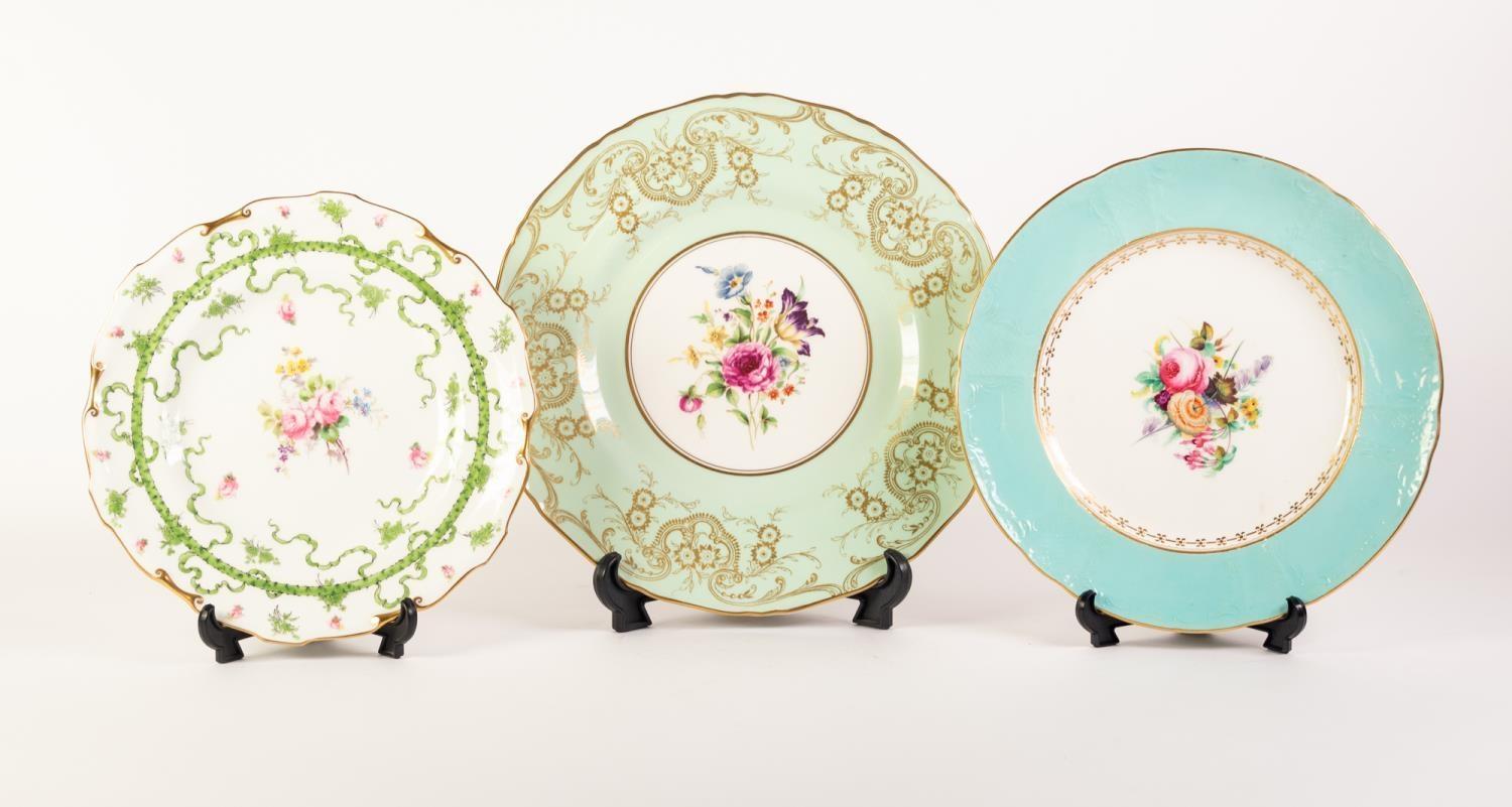 THREE FLORAL PAINTED ENGLISH CHINA CABINET PLATES, comprising: ROYAL CROWN DERBY, with shaped,