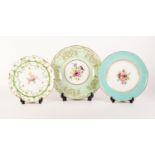 THREE FLORAL PAINTED ENGLISH CHINA CABINET PLATES, comprising: ROYAL CROWN DERBY, with shaped,