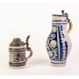 RHINEISH SALT GLAZED POTTERY LARGE JUG WITH HINGED PEWTER COVER, of ovoid form with scroll handle,