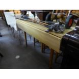 A KITCHEN TABLE WITH FORMICA TOP AND TWO CHAIRS AND A PAIR OF WHITE PAINTED HOOP BACK CHAIRS (3)