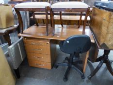 A MODERN PINE EFFECT SINGLE PEDESTAL COMPUTER DESK, WITH REAR SHELF, THREE DRAWERS AND A SLIDE AND