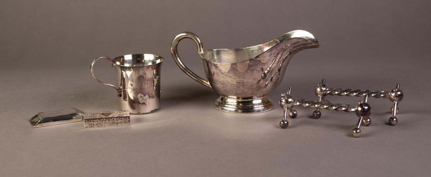 MIXED LOT OF ELECTROPLATE, comprising: WALKER AND HALL SAUCE BOAT, SWEDISH CHRISTENING MUG, PAIR