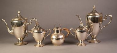 FOUR PIECE ELECTROPLATED PEDESTAL TEA AND COFFEE SET, of ovoid form with scroll handles and flame