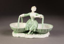 NINETEENTH CENTURY MINTON PORCELAIN FIGURAL TWIN SALT RECEIVER, decorated in green and white and