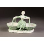 NINETEENTH CENTURY MINTON PORCELAIN FIGURAL TWIN SALT RECEIVER, decorated in green and white and