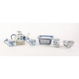 SIX PIECES OF MODERN ORIENTAL BLUE AND WHITE PORCELAIN, comprising: PETAL SHAPED DISH, printed